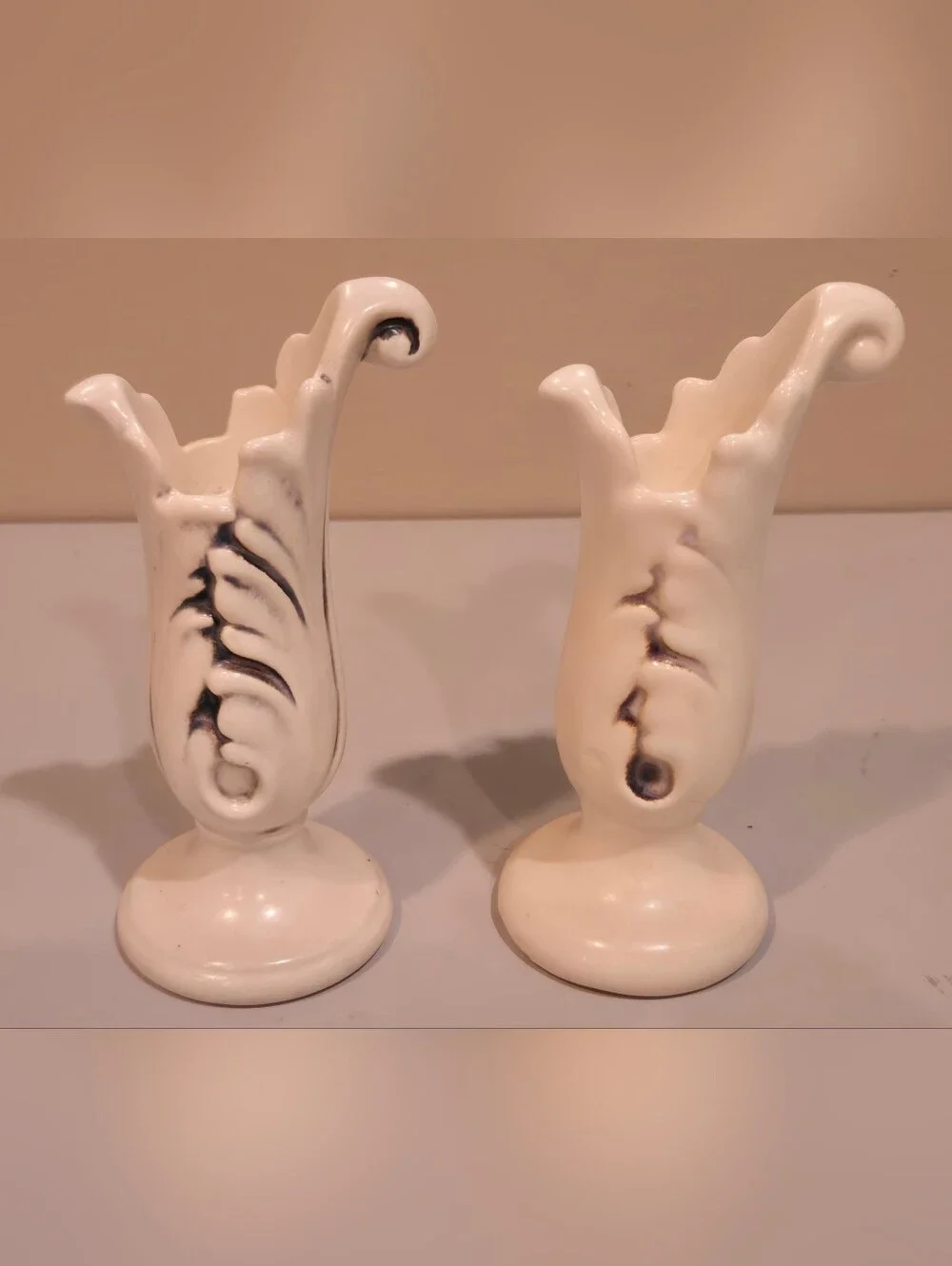 Pair of Decorative Red Wing Pottery White Ceramic Bud Vases with Black Accents